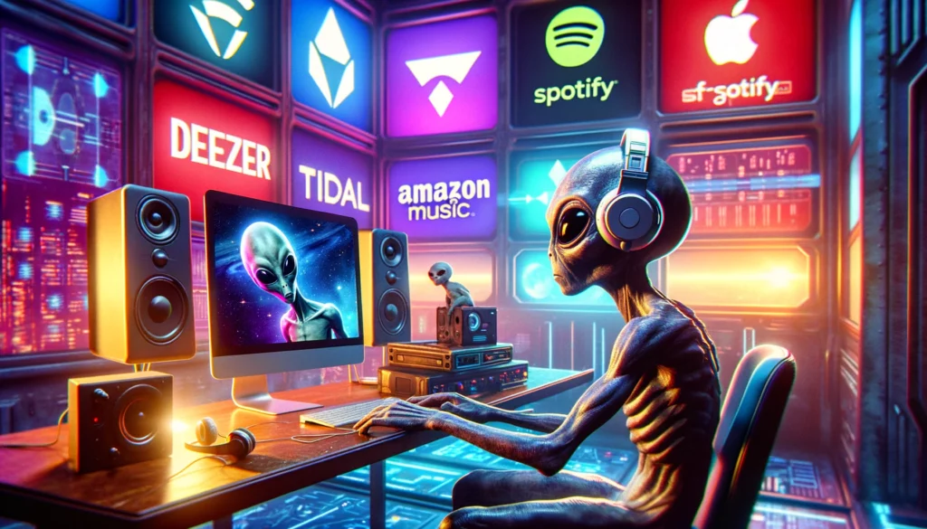 Alien escuchando plataformas de streaming de audio